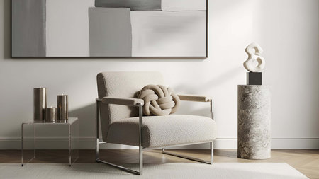 Light showing light beige armchair with knotted throw in minimalist living room corner. resolution...