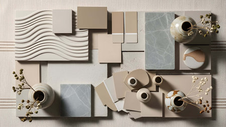 Neutral color palette showing neutral color palette with samples vases and dried plants flat lay....