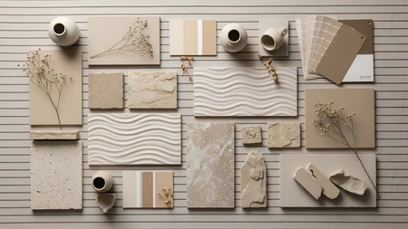 Neutral showing neutral color palette samples with ceramic vases and dried plants. resolution use....