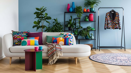 Indoor living room showing light blue living room with white sofa colorful pillows and indoor plants. resolution use. Clear details and vibrant colors enhance visual appeal. indoor living room, light blue wall, white sectional sofa.の写真素材