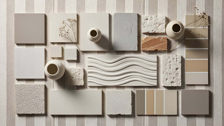 Neutral showing neutral color palette samples with ceramic vases and texture swatches. resolution use. Clear details and vibrant colors enhance visual appeal. Neutral, color, palette.の写真素材