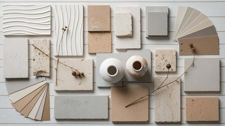 Neutral showing neutral and beige textured samples with color swatches and vases. resolution use. Clear details and vibrant colors enhance visual appeal. Neutral, beige, textured.の写真素材