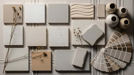 Neutral showing neutral color palette with samples paint swatches and ceramic vases. resolution use. Clear details and vibrant colors enhance visual appeal. Neutral, color, palette.の写真素材