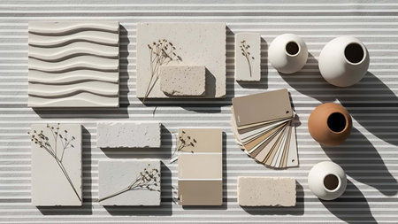 Neutral showing neutral color palette with textured tiles dried flowers and ceramic vases. resolution use. Clear details and vibrant colors enhance visual appeal. Neutral, color, palette.の写真素材