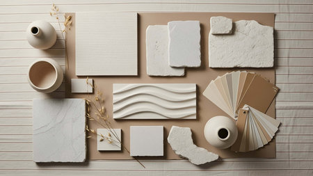 Neutral showing neutral toned sample board with ceramic vases and color swatches. resolution use....