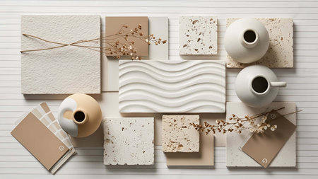 Flat showing flat lay of beige and white texture samples with ceramic vases and dried branches. resolution use. Clear details and vibrant colors enhance visual appeal. Flat, beige, white.の写真素材