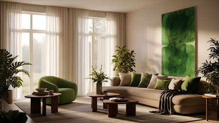 Bright showing bright living room with beige sofa green armchair and large windows with sheer curtains. Clear details and vibrant colors enhance visual appeal.の写真素材