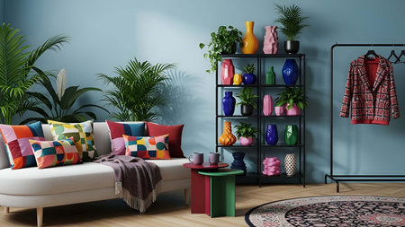 Cozy showing cozy blue living room with colorful sofa decorative vases and plants. resolution use. Clear details and vibrant colors enhance visual appeal. Cozy, blue, living.の写真素材