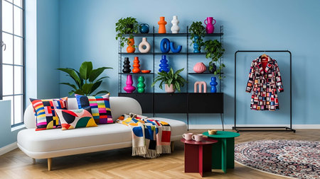 Bright showing bright blue living room with colorful geometric decor and sculptural vases. resolution use. Clear details and vibrant colors enhance visual appeal. Bright, blue, living.の写真素材
