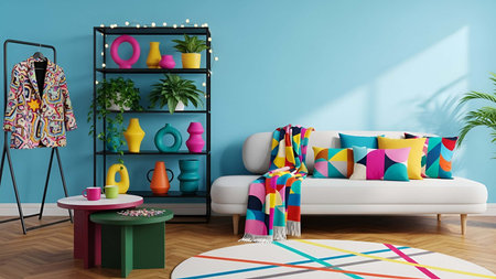 Bright showing bright colorful living room with blue wall and geometric decor. resolution use. Clear details and vibrant colors enhance visual appeal. Bright, colorful, living.の写真素材