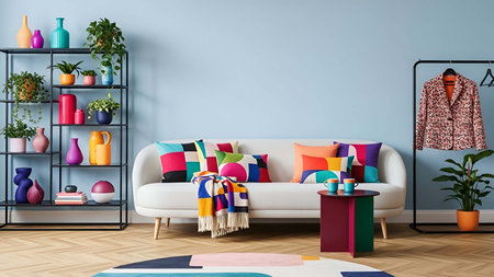Bright showing bright living room with colorful sofa decorative vases and geometric pillows. resolution use. Clear details and vibrant colors enhance visual appeal. Bright, living, room.の写真素材