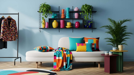 Bright showing bright blue living room with colorful sofa pillows and wall mounted vases. resolution use. Clear details and vibrant colors enhance visual appeal. Bright, blue, living.の写真素材