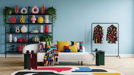 Living room showing bright blue living room with colorful geometric sofa and decorative vases. Clear details and vibrant colors enhance visual appeal. living room, interior blue wall, white sectional sofa.の写真素材