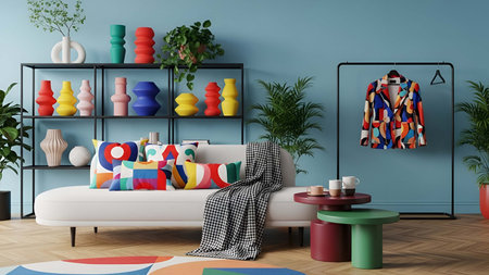 Colorful showing colorful living room interior with geometric decor and patterned sofa pillows. resolution use. Clear details and vibrant colors enhance visual appeal. Colorful, living, room.の写真素材