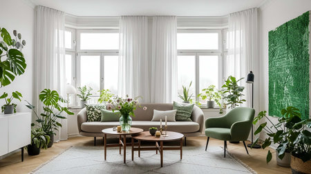 Bright showing bright living room with green plants beige sofa and large windows with white...
