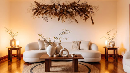 Living room showing cozy beige living room with curved sofa dried floral wall hanging and ceramic...