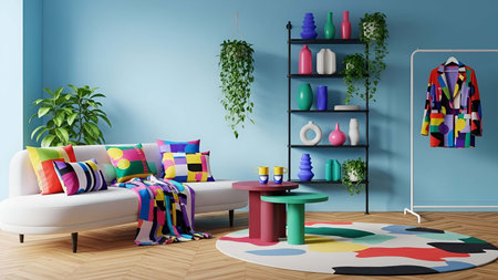 Living room showing colorful living room interior with blue walls and geometric decor. resolution use. Clear details and vibrant colors enhance visual appeal. living room, interior blue walls, light wood floor.の写真素材