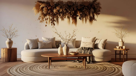 Cozy showing cozy beige living room with sectional sofa dried floral decor and round rug. resolution...