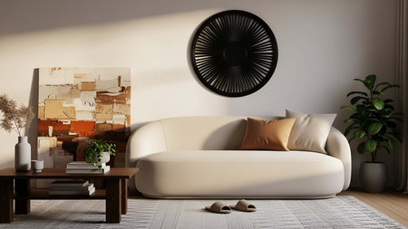 Cozy showing cozy beige living room with round wall decor and light sofa. resolution use. Clear...