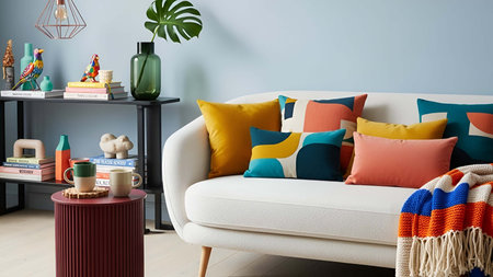 Sofa showing cozy light gray sofa with colorful throw pillows in pastel blue living room. resolution...