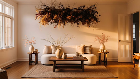 Cozy showing cozy living room with beige sofa dried floral arrangement and wooden decor. resolution...