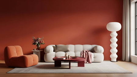 Living room showing cozy living room with terracotta wall cream modular sofa and orange armchair. resolution use. Clear details and vibrant colors enhance visual appeal. living room, interior terracotta wall, cream modular sofa.の写真素材