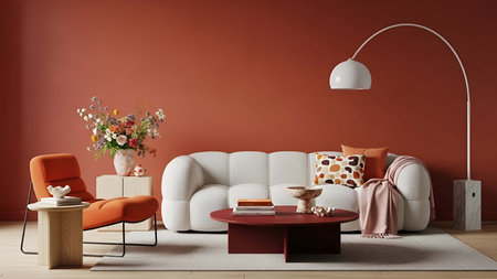 Cozy showing cozy living room with white sectional sofa red wall and floor lamp. resolution use. Clear details and vibrant colors enhance visual appeal. Cozy, living, room.の写真素材