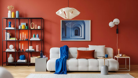 Cozy showing cozy living room with white tufted sofa red wall and blue throw blanket. resolution use. Clear details and vibrant colors enhance visual appeal. Cozy, living, room.の写真素材
