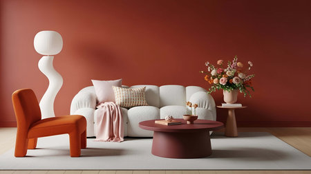 Living room showing cozy living room with terracotta walls white sectional sofa and orange chair. resolution use. Clear details and vibrant colors enhance visual appeal. living room, interior home decor, terracotta walls.の写真素材
