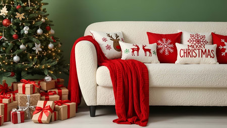 Cozy showing cozy white sofa with red christmas throw and presents under decorated tree. resolution use. Clear details and vibrant colors enhance visual appeal. Cozy, white, sofa.の写真素材