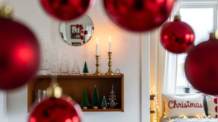 Festive showing festive christmas home decor with red ornaments and miniature trees. resolution use. Clear details and vibrant colors enhance visual appeal. Festive, Christmas, home.の写真素材