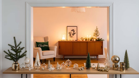 Holiday decor showing festive holiday decor on wooden console table in cozy living room setting. resolution use. Clear details and vibrant colors enhance visual appeal. holiday decor, Christmas decorations, wooden console table.の写真素材