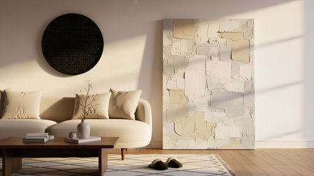 Living room showing light beige living room with cream sofa abstract textured wall and round wall decor. resolution use. Clear details and vibrant colors enhance visual appeal. living room, interior cream sofa, beige cushions.の写真素材