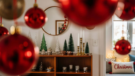 Festive showing festive christmas home decor with red ornaments and miniature trees on shelf. resolution use. Clear details and vibrant colors enhance visual appeal. Festive, Christmas, home.の写真素材