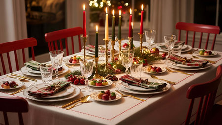 Festive showing festive christmas dinner table setting with candles and holiday decorations....