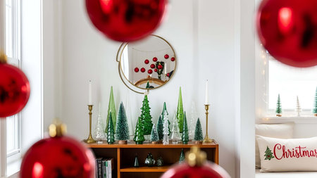 Festive showing festive green christmas trees and red baubles on wooden shelf with round mirror. resolution use. Clear details and vibrant colors enhance visual appeal. Festive, green, Christmas.の写真素材
