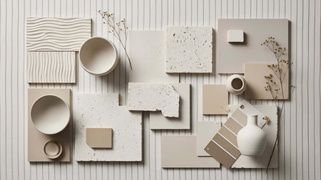 Neutral showing neutral color samples with ceramic bowls and paint swatches. resolution use. Clear details and vibrant colors enhance visual appeal. Neutral, color, samples.の写真素材