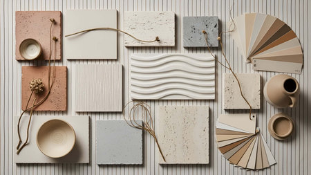 Neutral showing neutral and earthy samples with color swatches and pottery. resolution use. Clear details and vibrant colors enhance visual appeal. Neutral, earthy, samples.の写真素材