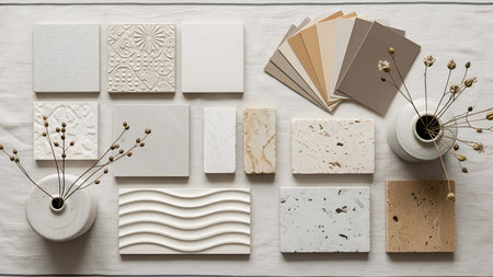 Neutral showing neutral color samples with embossed textures and paint swatches. resolution use. Clear details and vibrant colors enhance visual appeal. Neutral, color, samples.の写真素材