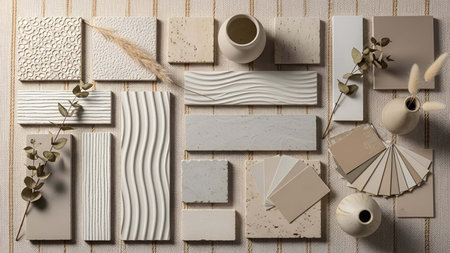 Neutral showing neutral toned ceramic tile and texture sample arrangement with vases and foliage. resolution use. Clear details and vibrant colors enhance visual appeal. Neutral, toned, ceramic.の写真素材