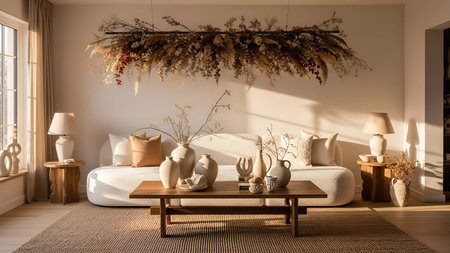 Neutral showing neutral toned living room with dried floral wall hanging and ceramic vases 1....