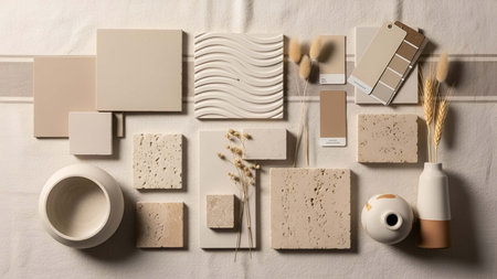 Neutral showing neutral color palette samples with ceramic vases and dried grasses. resolution use. Clear details and vibrant colors enhance visual appeal. Neutral, color, palette.の写真素材