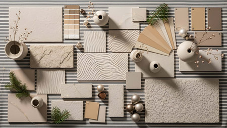Neutral showing neutral toned texture and sample arrangement with decorative vases and branches. resolution use. Clear details and vibrant colors enhance visual appeal. Neutral, toned, texture.の写真素材