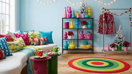 modern bright interiors living room with colorful furniture 3D rendering illustrationの写真素材