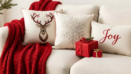 White showing white couch with red knit blanket christmas throw pillows and gift boxes. resolution use. Clear details and vibrant colors enhance visual appeal. White, couch, knit.の写真素材