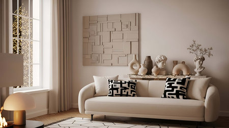 Beige showing beige living room with light sofa abstract wall and classical busts. resolution use....