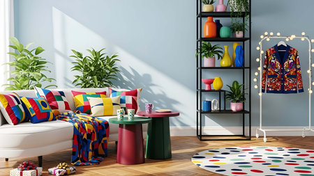 Living room showing bright colorful living room with geometric patterned decor and indoor plants. resolution use. Clear details and vibrant colors enhance visual appeal. living room, interior colorful sofa, geometric patterns.の写真素材