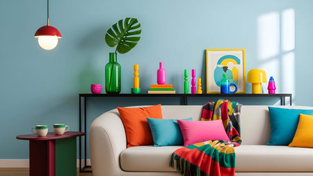 Bright showing bright colorful living room with teal wall and decorative on shelf. resolution use. Clear details and vibrant colors enhance visual appeal. Bright, colorful, living.の写真素材