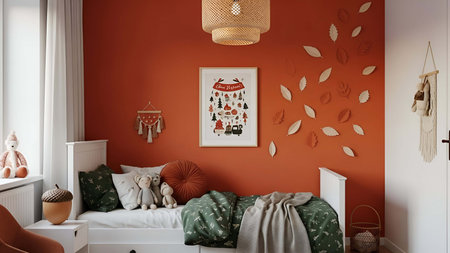 Cozy showing cozy autumn themed childrens bedroom with orange wall and leaf decorations. resolution use. Clear details and vibrant colors enhance visual appeal. Cozy, autumn, themed.の写真素材