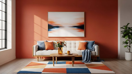 Bright showing bright orange living room with white sofa abstract painting and geometric rug. resolution use. Clear details and vibrant colors enhance visual appeal. Bright, orange, living.の写真素材